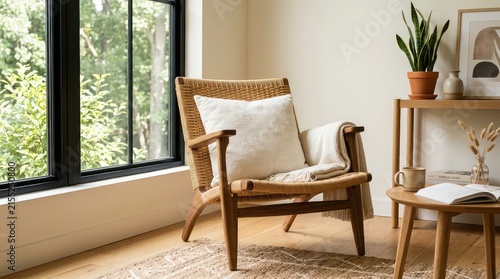Cozy natural light living room interior with a woven armchair potted plants and minimalist decor for comfortable home design inspiration