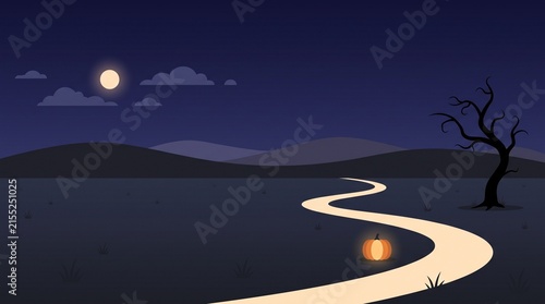 A single pumpkin sitting on a glowing path in a spooky night landscape under a bright full moon