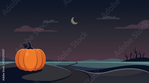 Orange pumpkin sitting on a dark landscape under a crescent moon in a spooky halloween night sky