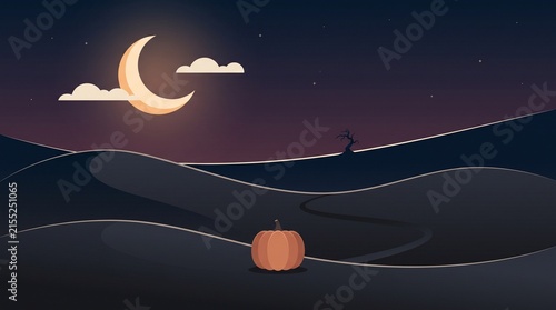 Orange pumpkin sitting in a dark desert landscape under a glowing crescent moon at night