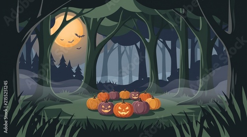 Group of cute jack o lantern pumpkins sitting in a spooky dark forest at night for halloween party
