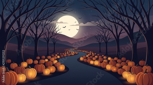 Many orange pumpkins in a dark scary forest at night with a large glowing full moon in the sky