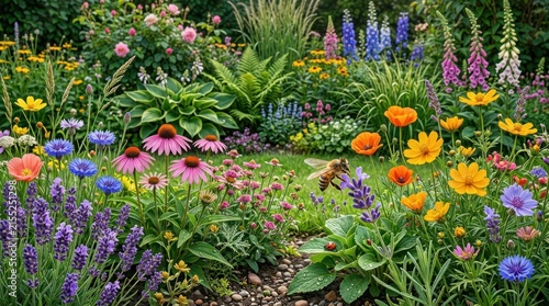 Vibrant garden abloom with diverse flowers and insect