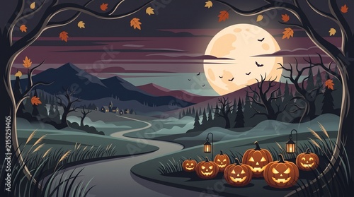 Spooky halloween pumpkins with glowing faces in a dark forest landscape under a bright full moon