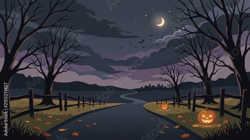 Spooky halloween pumpkin jack o lantern on a dark night road with a crescent moon and bare trees
