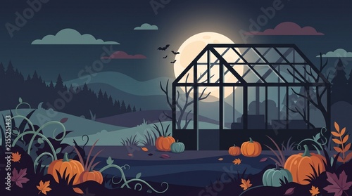A spooky greenhouse with pumpkins in a dark pumpkin patch under a full moon in the night sky