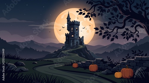 Spooky castle silhouette with a large full moon in the dark night sky for a halloween background