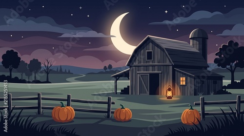 Pixel art farm house at night with pumpkins under a crescent moon and stars in the dark sky