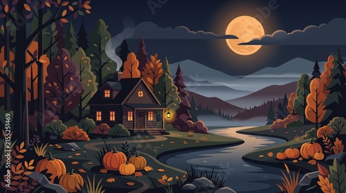 Cozy cabin by a river with pumpkins and a full moon in a peaceful autumn night forest landscape