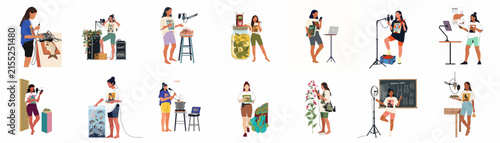 Collection of various women engaged in diverse creative hobbies and digital content creation activities, isolated on a white background.