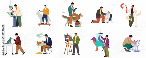 A collection of flat vector illustrations showing people interacting with wolves through art, care, technology, and companionship on a white background.