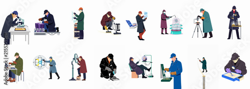 Diverse collection of professional characters and scientists engaged in research, laboratory, and technological activities depicted in a modern flat illustration style.