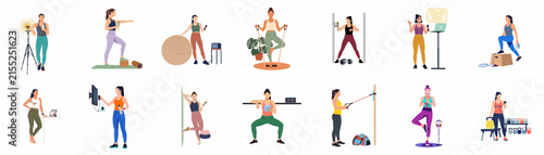 Vector illustration set of women performing various fitness activities, home workouts, yoga, and weight training exercises in a flat design style.