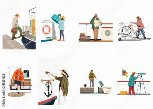 Set of Minimalist Illustrations Showing People Traveling by Boat, Featuring Nautical Elements, Luggage, Maps, and Maritime Activities for Vacation Concepts.