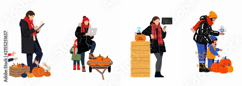 Set of flat vector illustrations of people enjoying autumn harvest activities with pumpkins and hay bales isolated on white background.