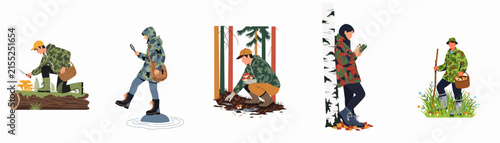 Set of vector illustrations showing people in camouflage clothing picking mushrooms and exploring the forest in autumn.