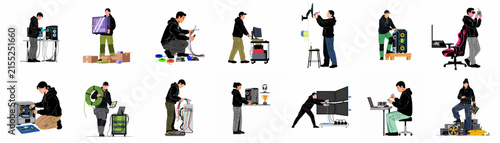 Comprehensive collection of diverse IT professionals and technicians working on computer hardware, networking, and electronics assembly, isolated on a white background.