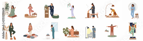 Collection of illustrations depicting women in pajamas practicing self-care routines, morning rituals, yoga, and relaxation at home in a minimalist flat style.