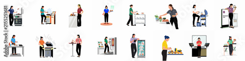 Diverse collection of flat vector illustrations showing various retail service and industrial workers performing different professional tasks on a white background