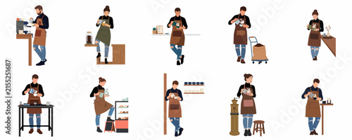 Flat vector illustration set of male and female baristas in aprons performing various tasks in a coffee shop environment.
