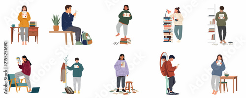 Collection of diverse people reading books and using digital tablets in various everyday indoor settings, flat vector illustration set.
