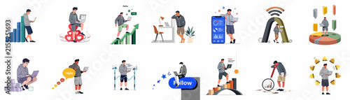 Set of flat illustrations showing a young man in various business, social media, technology, and marketing scenarios for modern digital lifestyles.