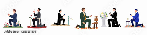 Collection of flat illustrations depicting men in various formal suits kneeling on one knee to propose with an engagement ring.