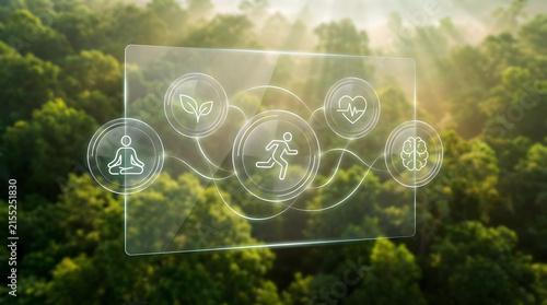 Futuristic Transparent Health Screen Displaying Wellness Icons Floating Over Lush Forest Canopy at Sunrise