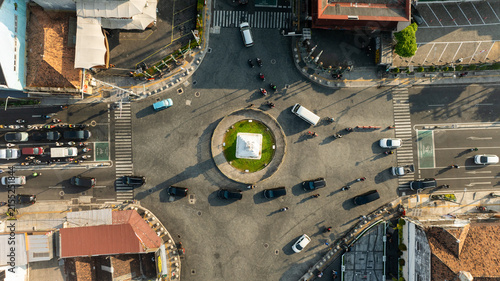 Top down aerial view of Tugu Yogyakarta roundabout