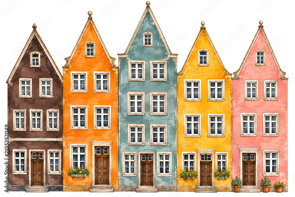 Fototapeta premium Charming watercolor illustration of five colorful traditional European townhouses with steep gabled roofs, symmetrical windows, wooden doors, and floral decorations.