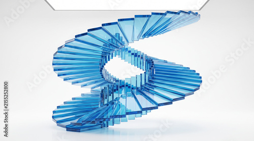 Modern blue glass spiral staircase sculpture on white background.