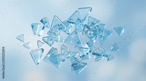 Floating blue crystal glass shards in a light atmosphere.