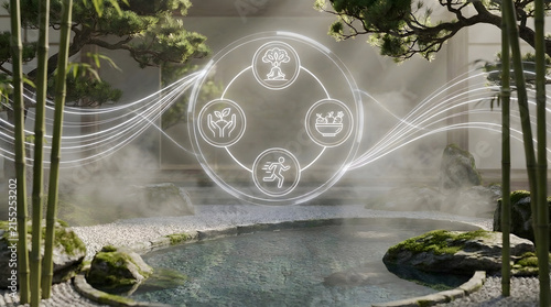 Futuristic Wellness Interface with Digital Icons Floating Over Peaceful Japanese Zen Garden Pond