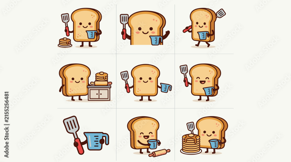 Obraz premium Cute anthropomorphic toast character set with kitchen tools, cooking, baking, breakfast, food, fun cartoon style
