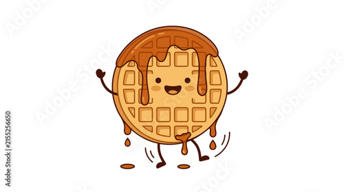 Happy anthropomorphic waffle character with syrup dripping, flat design illustration isolated on white