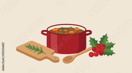Red pot of stew with carrots and peas, wooden spoon, cutting board with rosemary, and holly berries, flat design