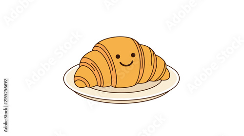 Smiling croissant character on a plate, flat design vector illustration, isolated on white background