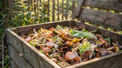 Organic food and garden waste in a rustic wooden compost bin. Sustainable decomposition process creating nutrient-rich soil for eco-friendly gardening and waste reduction