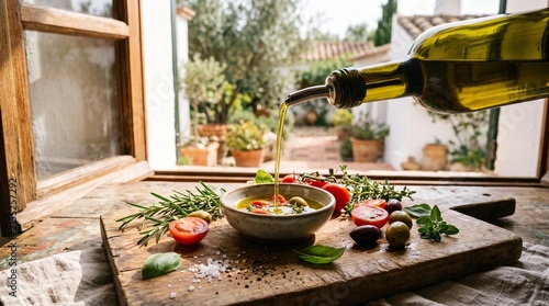 Pouring Fresh Olive Oil onto Mediterranean Herbs and Tomatoes on Wooden Board