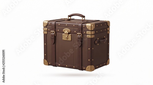 Vintage Style Brown Leather Travel Trunk Suitcase with Brass Hardware Isolated on White Background