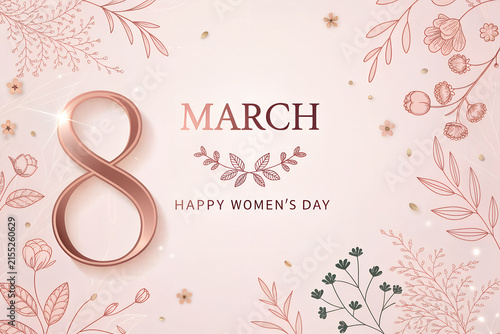 International women day march 8th greeting card with rose gold floral elements