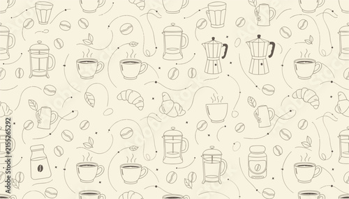 Seamless coffee doodle pattern with hand drawn illustrations of french presses, cups, croissants, and coffee beans on beige.