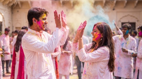 Young couple celebrating Holi festival with colored powder and smiles.