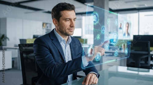 Businessman interacting with futuristic holographic interface in modern office.