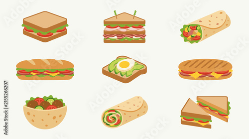 Flat design icon set of nine different sandwiches, wraps, and a salad bowl, isolated on a light background