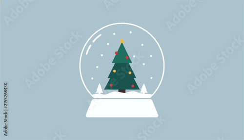 Simple cartoon snow globe with a decorated green christmas tree inside standing on a white base.