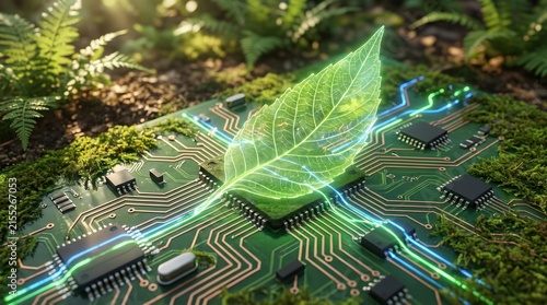 Green leaf growing from circuit board symbolizing technology and nature harmony.