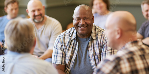 A diverse group of men laughing and engaging in conversation, fostering a sense of community and support. The central figure, a Black man, smiles warmly, embodying connection and shared experience