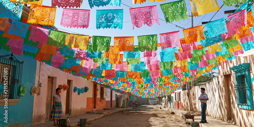 A street adorned with vibrant papel picado banners in various colors, stretching across a clear blue sky above traditional buildings. Two people are visible on the street.