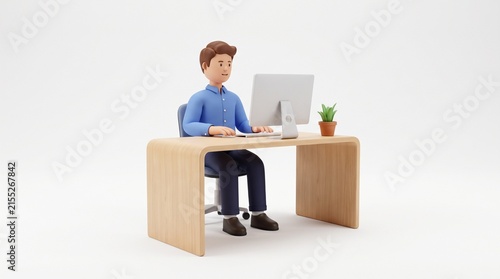 3D Cartoon Man Working at Computer Desk in Office.